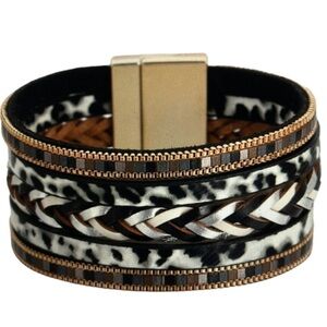 Boho Multi Layer Leather Braided Leopard Pattern Magnetic Buckle Bracelet